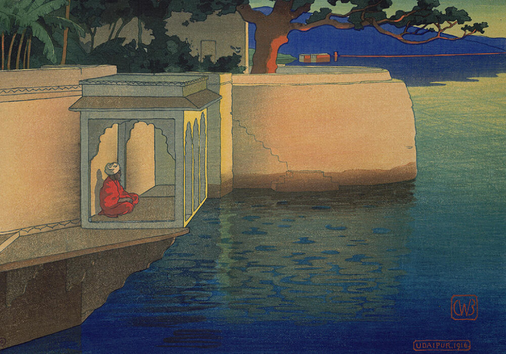 Color wood engraving of a figure wearing red robes and a white head wrap meditating in a pagoda near the water with trees and mountains in the background